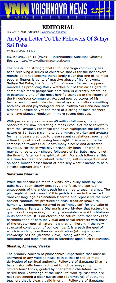Sri Acharyaji open letter to Sathya Sai Baba followers